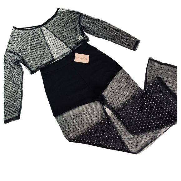 SHEIN - NWT Rhinestone Detail Contrast Mesh Flare Leg Pants - Large - Picture 2 of 16